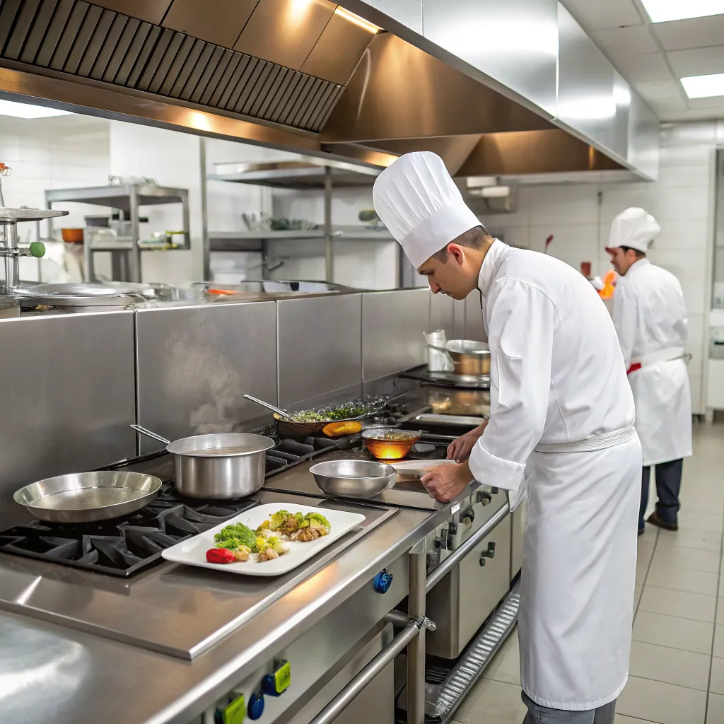 Professional kitchen with chefs preparing meals