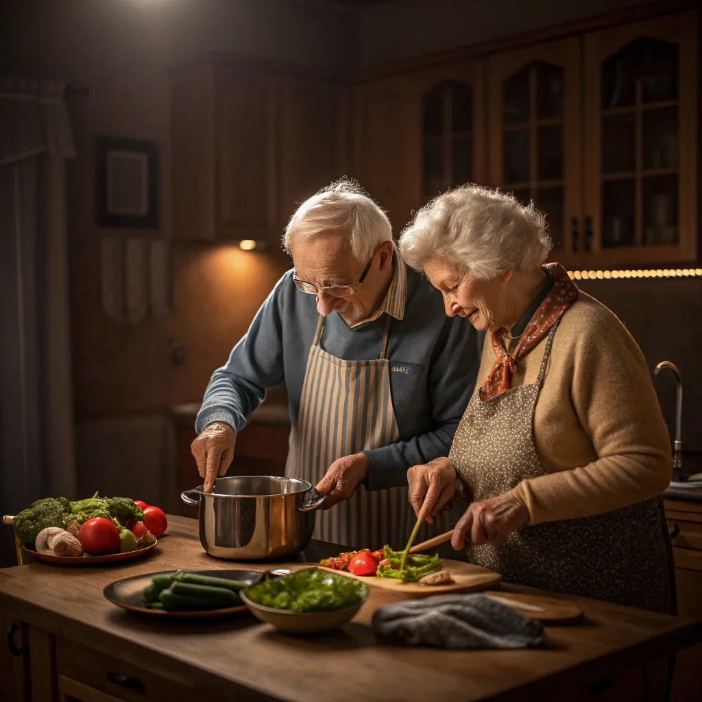 An elderly couple cooking together