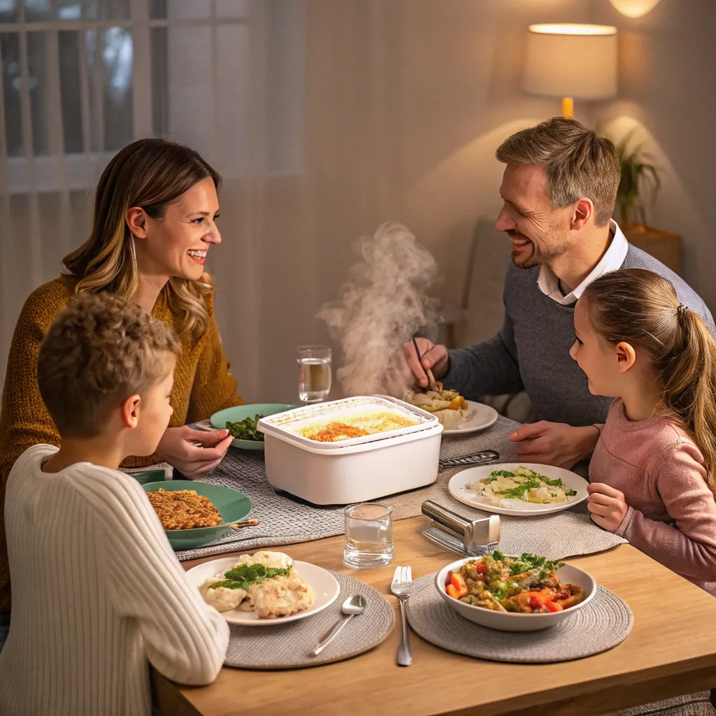 A family enjoying a meal prepared from the frozen meal course