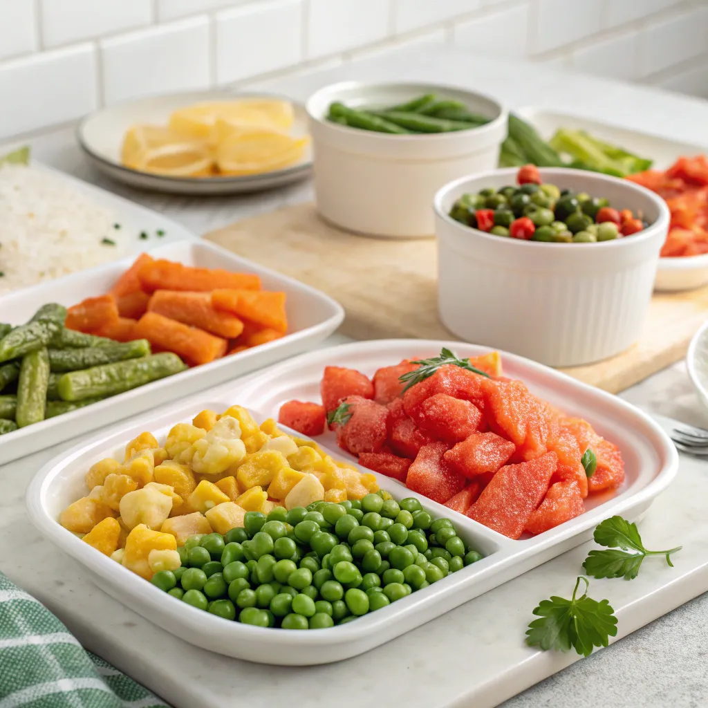 A variety of frozen meals prepared and ready to eat